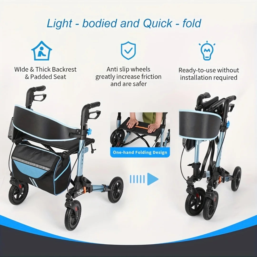 Lightweight Foldable Rollator Walker With All Terrain Aluminum Frame