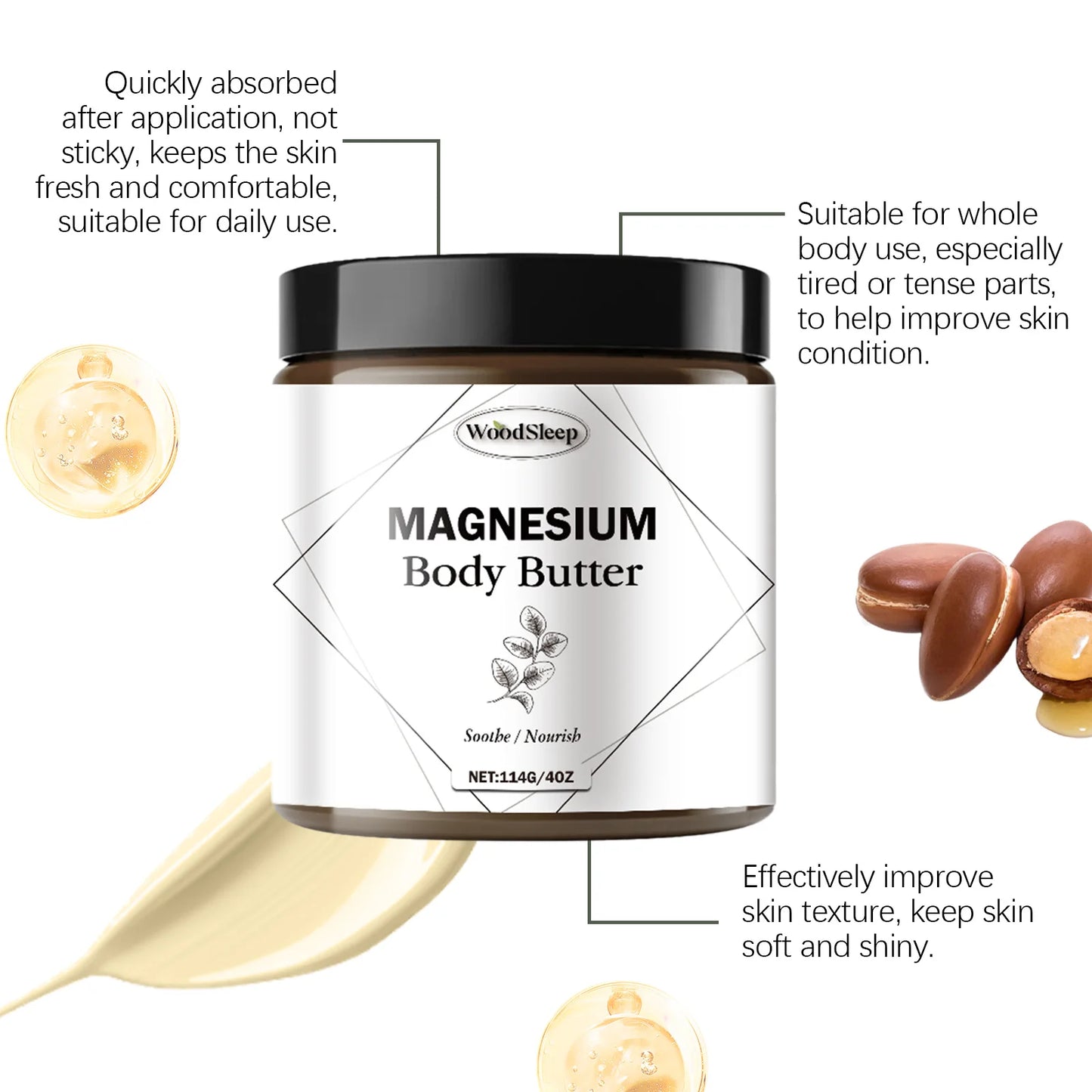 Woodsleep Magnesium Body Butter Moisturizes Skin Elasticity and Hydration