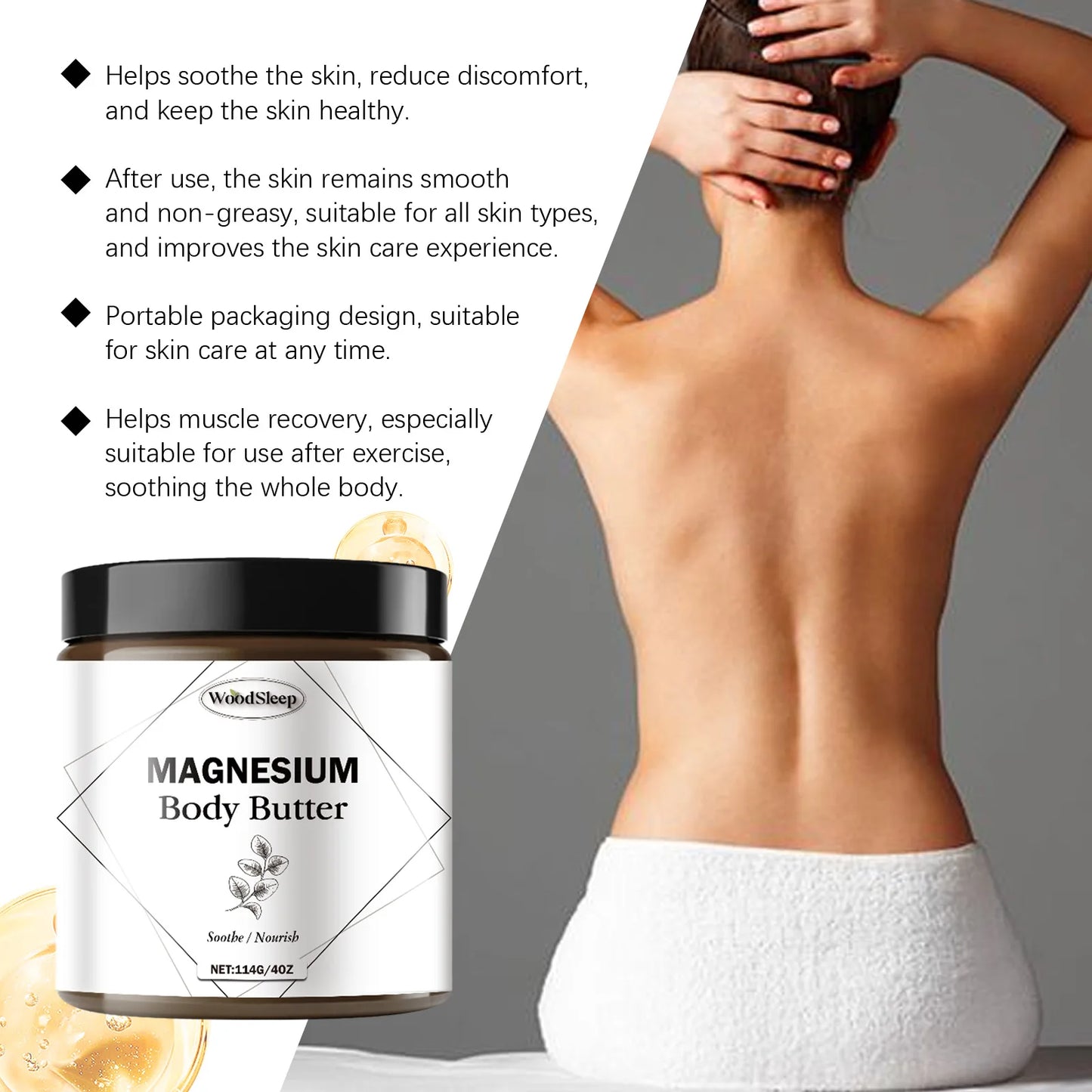 Woodsleep Magnesium Body Butter Moisturizes Skin Elasticity and Hydration