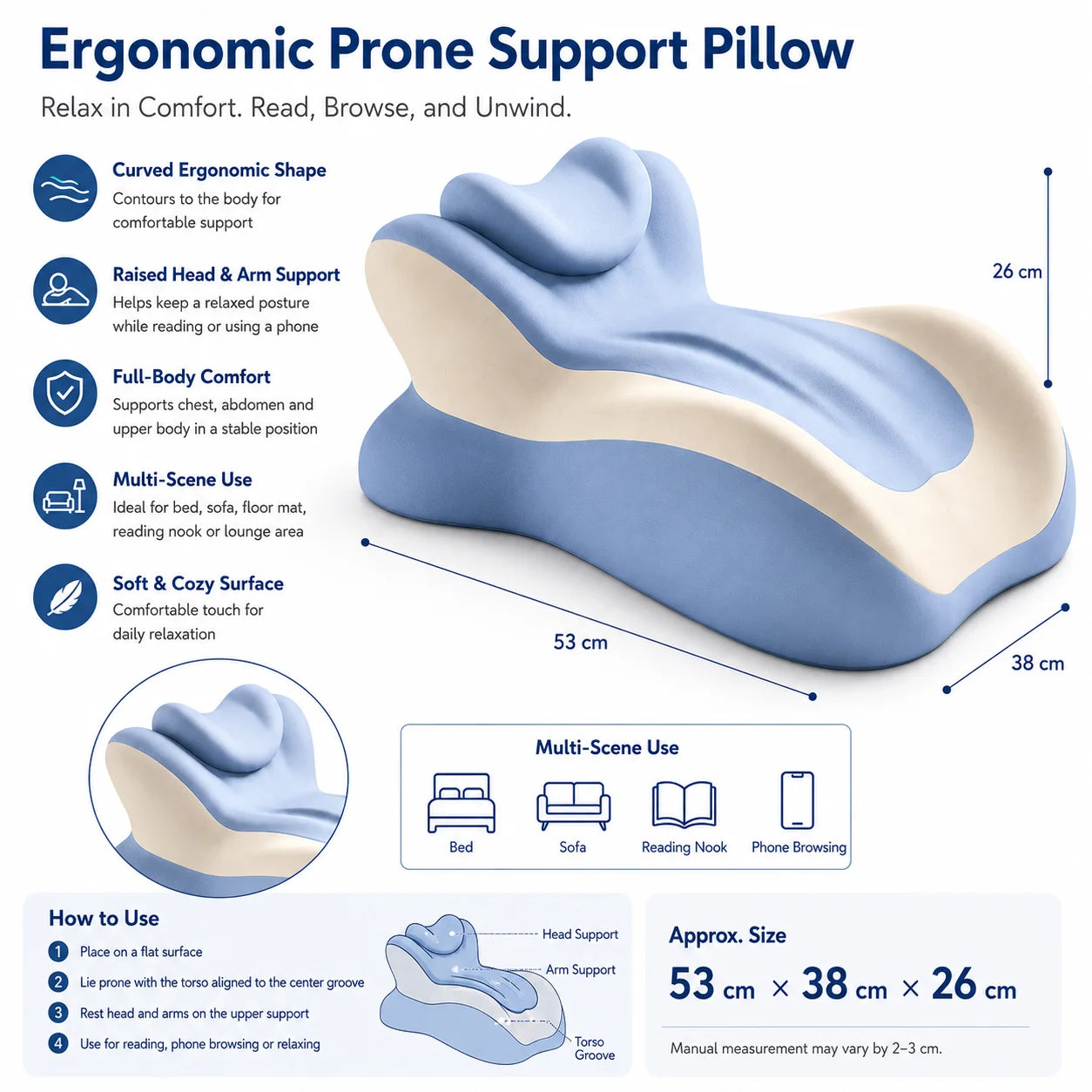 Ergonomic Memory Foam Reading Pillow Prone For Neck And Arm