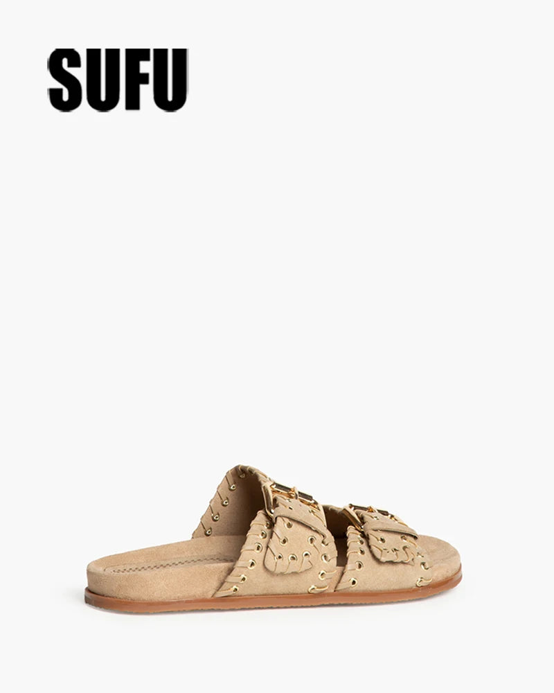 Vintage Belt Buckle Flat Slippers For Men Women Outdoor Leisure