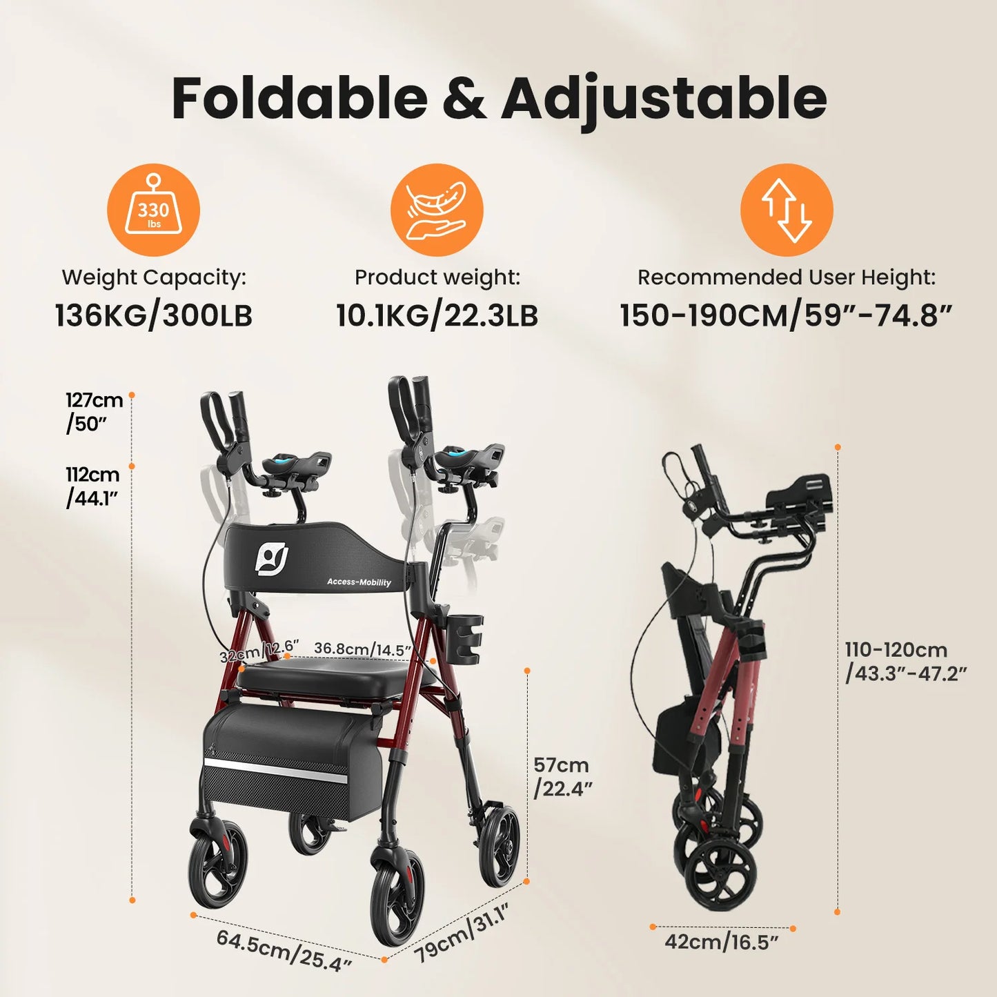 Maidesite Upright Walker With Foldable Seat And Backrest