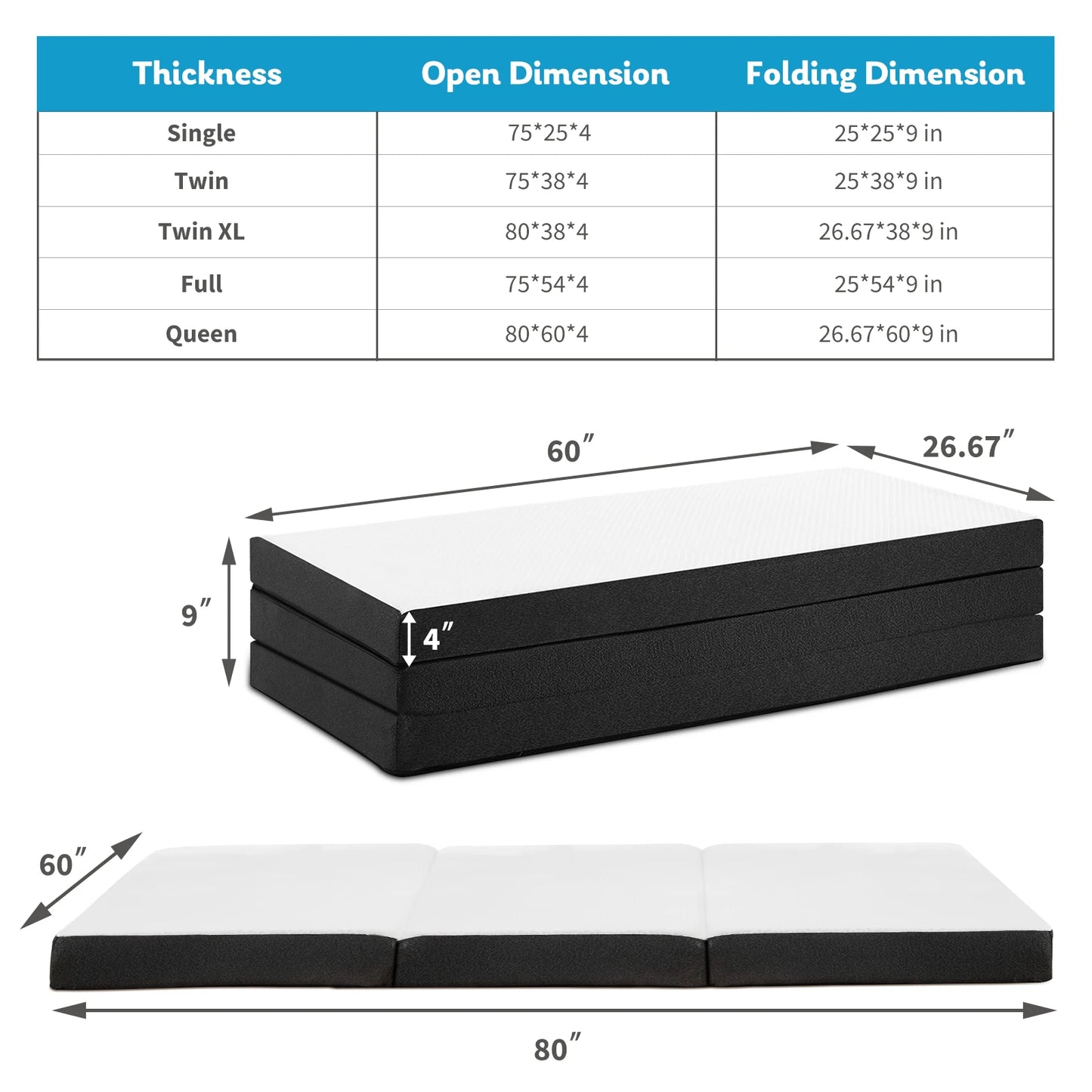 JHK Tri Fold Memory Foam Mattress With Certipur US Certification