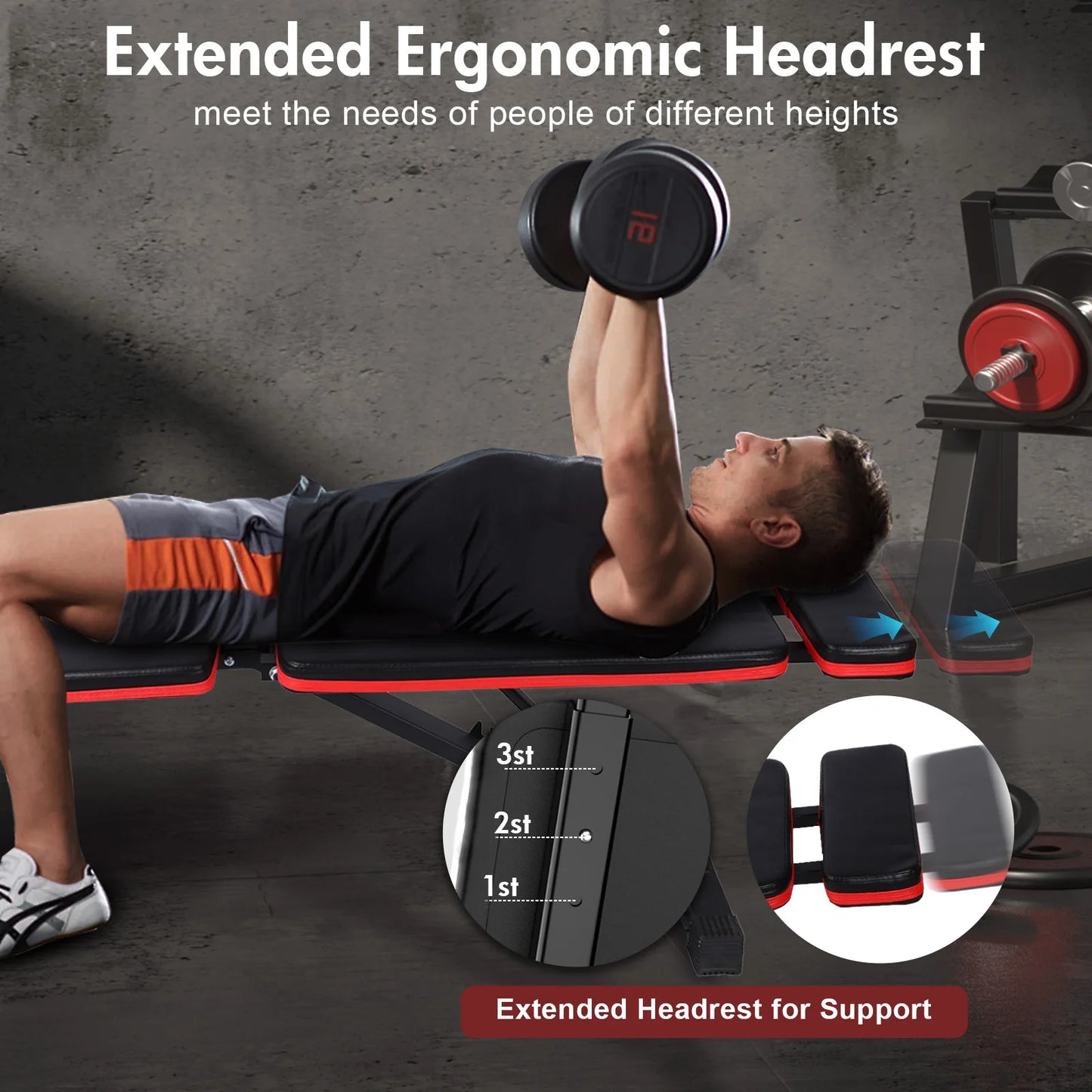 Foldable 7 Level Weight Bench With Adjustable Headrest For Full Body Strength