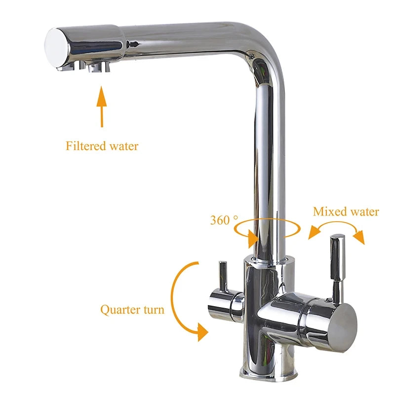 Chrome Kitchen Faucet With Double Swivel Spout Drinking Water Purifier