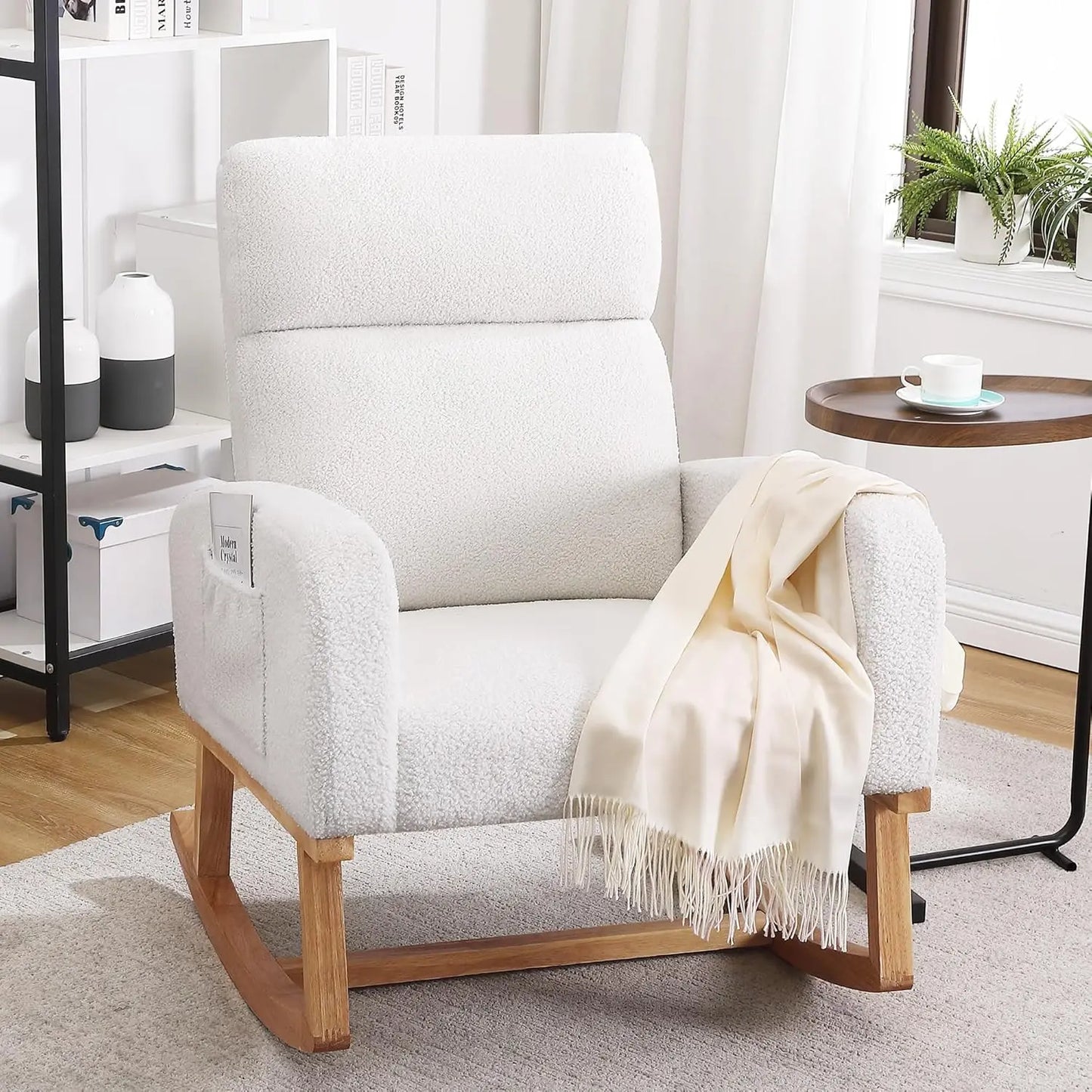 Nursery Sherpa Rocking Chair With High Backrest Upholstery