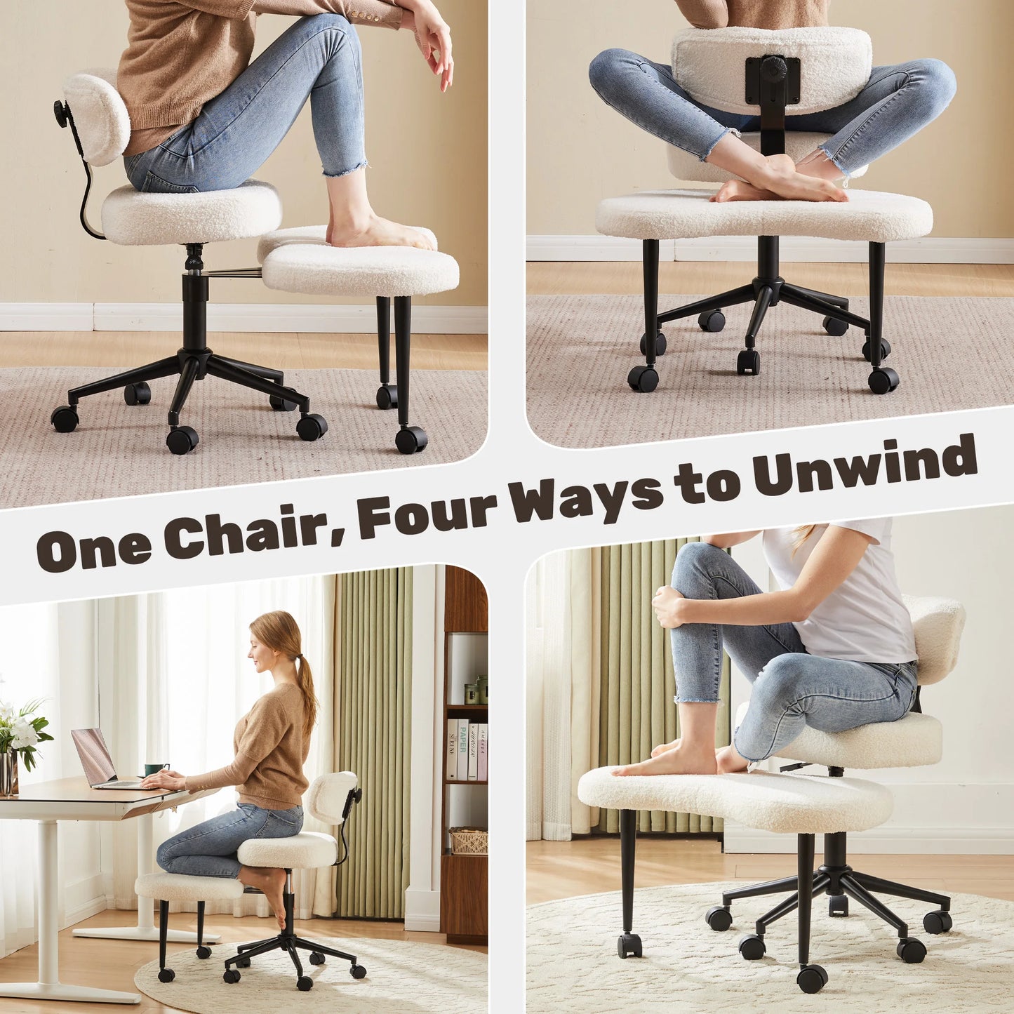 JHK Teddy Fleece Armless Ergonomic Office Chair With Lumbar Support