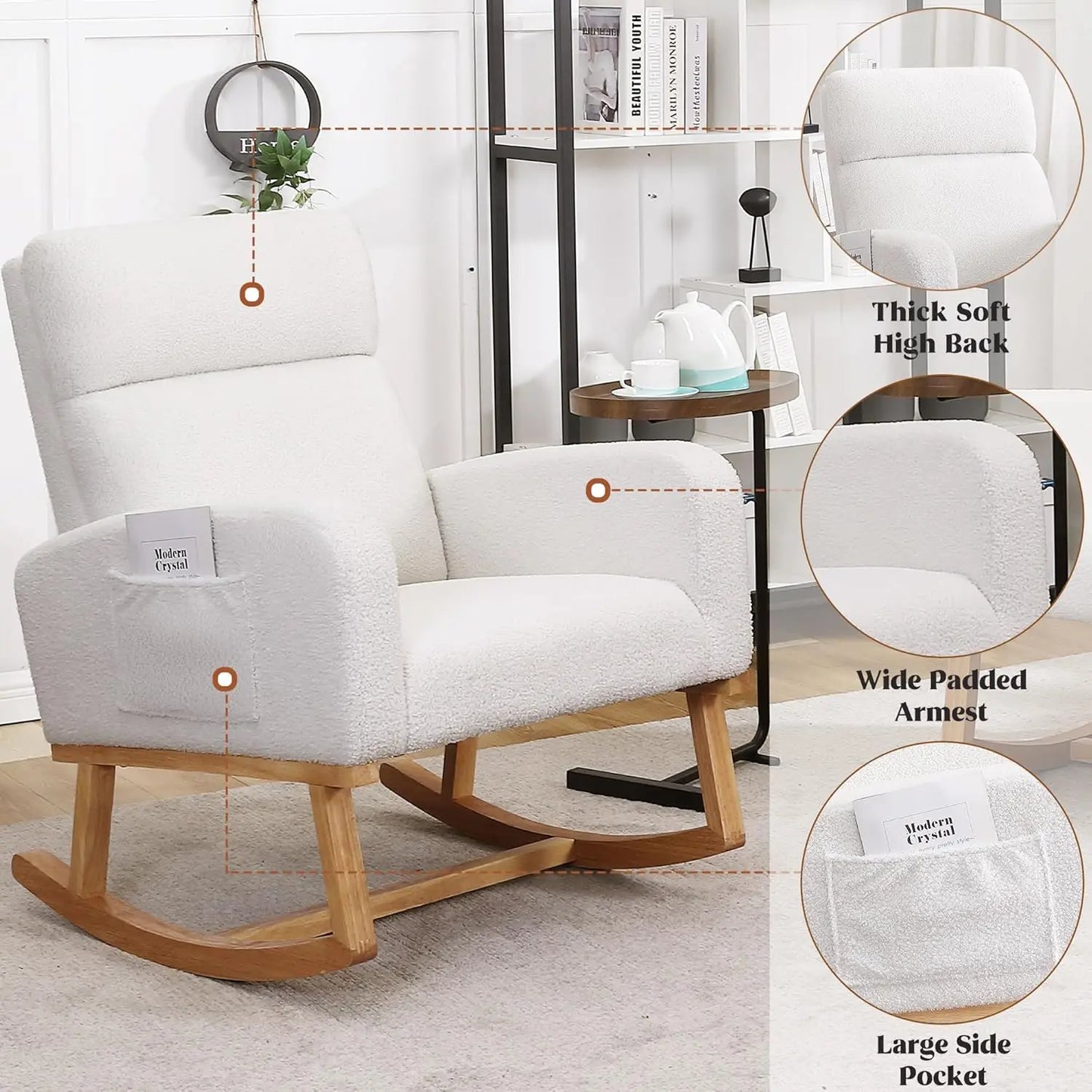 Nursery Sherpa Rocking Chair With High Backrest Upholstery