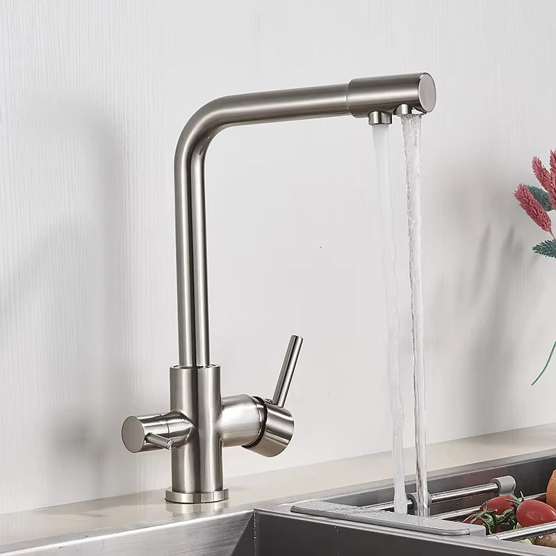 Chrome Kitchen Faucet With Double Swivel Spout Drinking Water Purifier