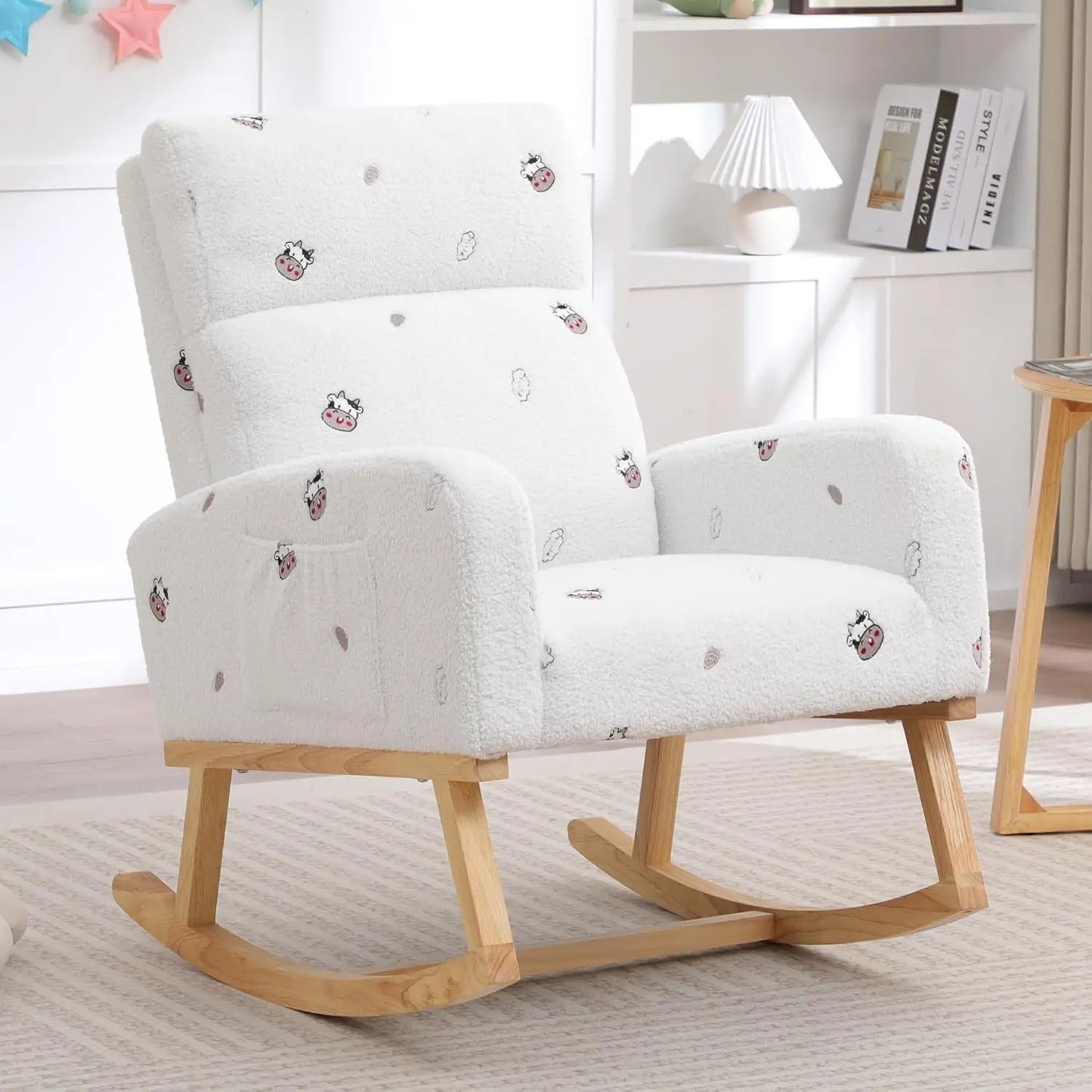 Nursery Sherpa Rocking Chair With High Backrest Upholstery