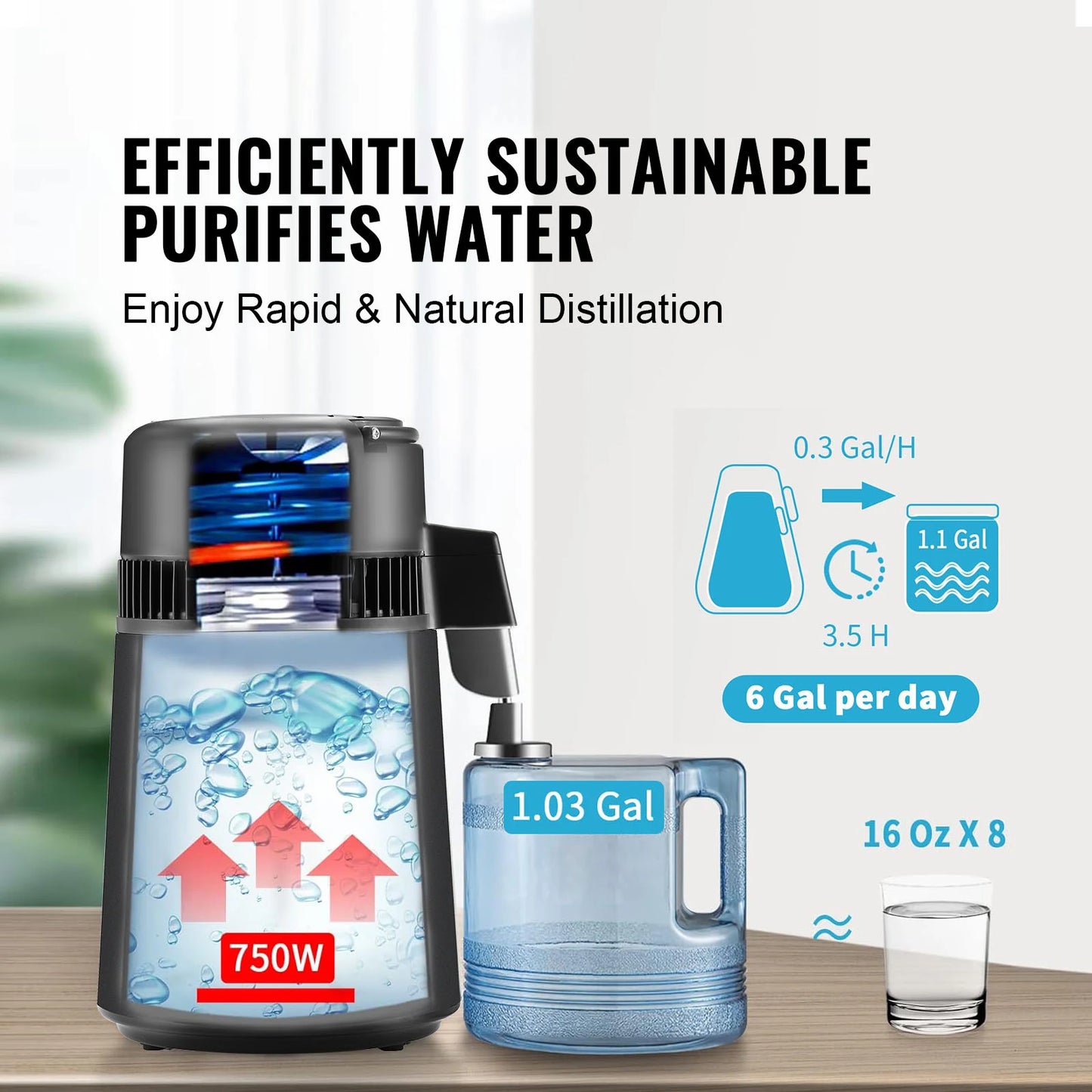 SucceBuy Water Distiller Countertop Purifier 750W Energy Efficient
