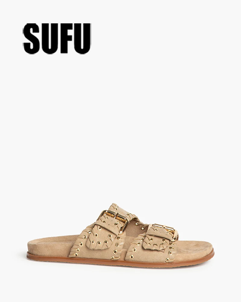 Vintage Belt Buckle Flat Slippers For Men Women Outdoor Leisure