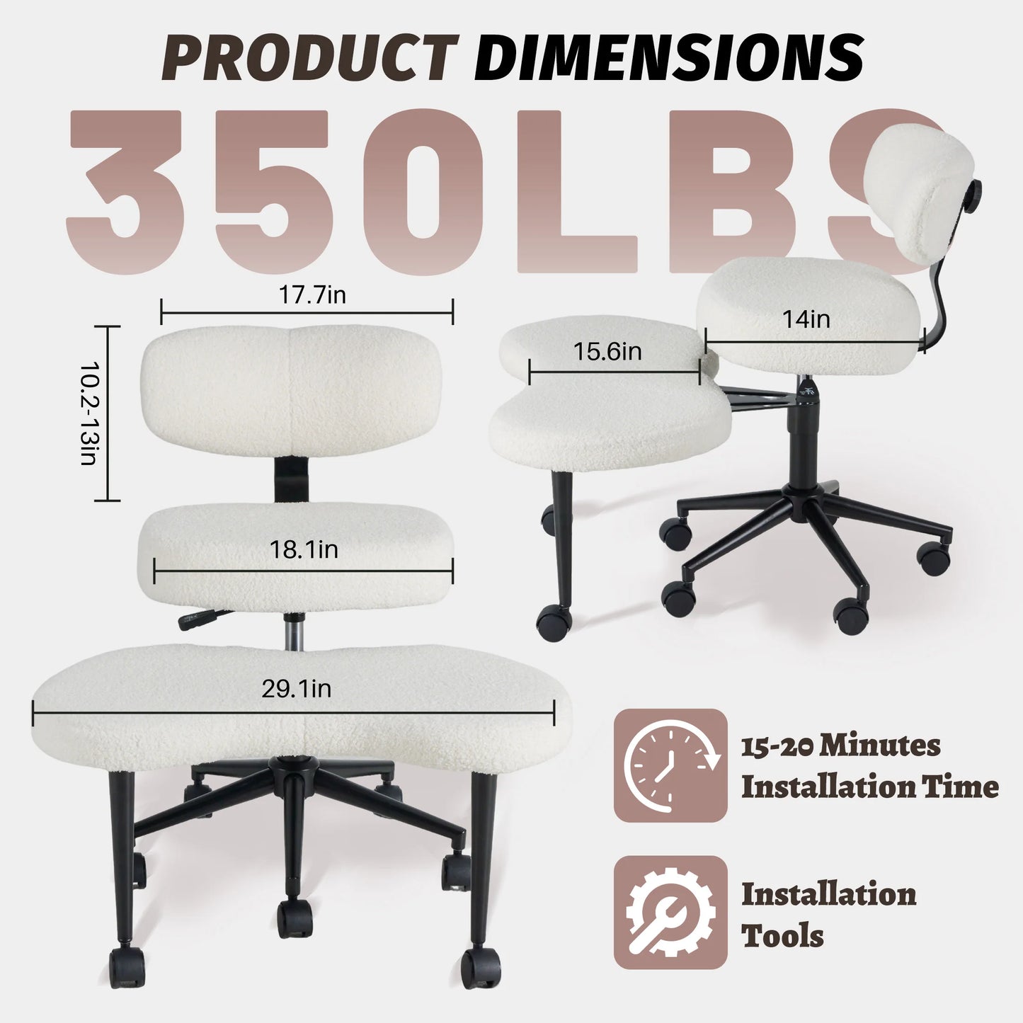 JHK Teddy Fleece Armless Ergonomic Office Chair With Lumbar Support