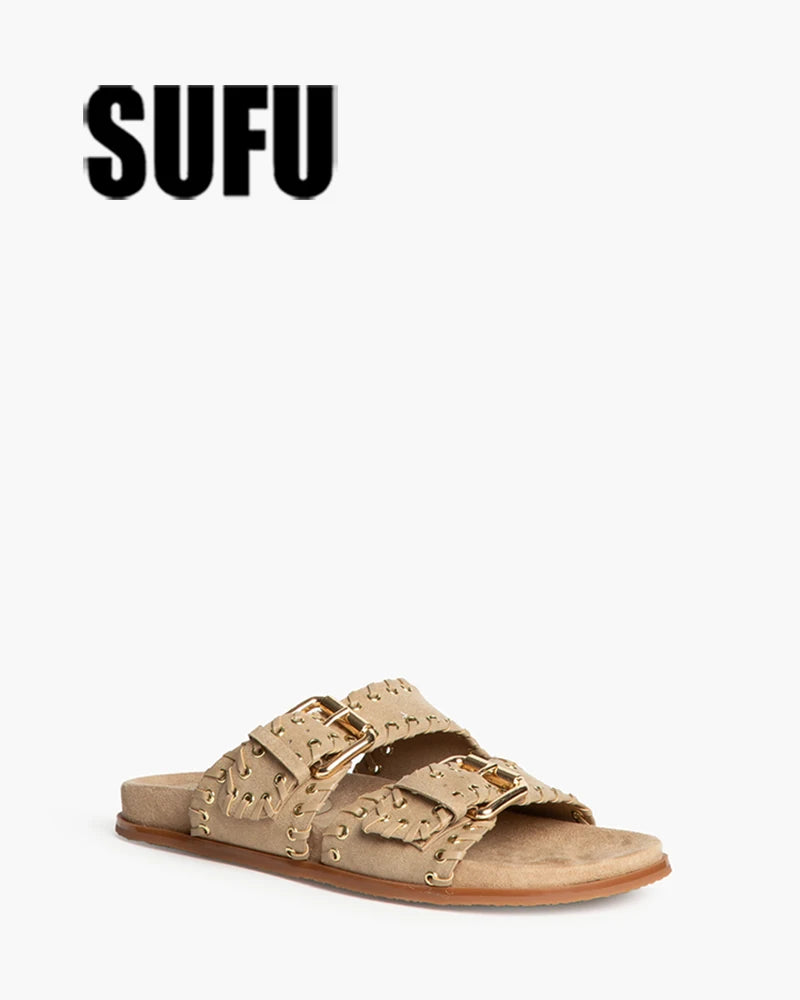 Vintage Belt Buckle Flat Slippers For Men Women Outdoor Leisure