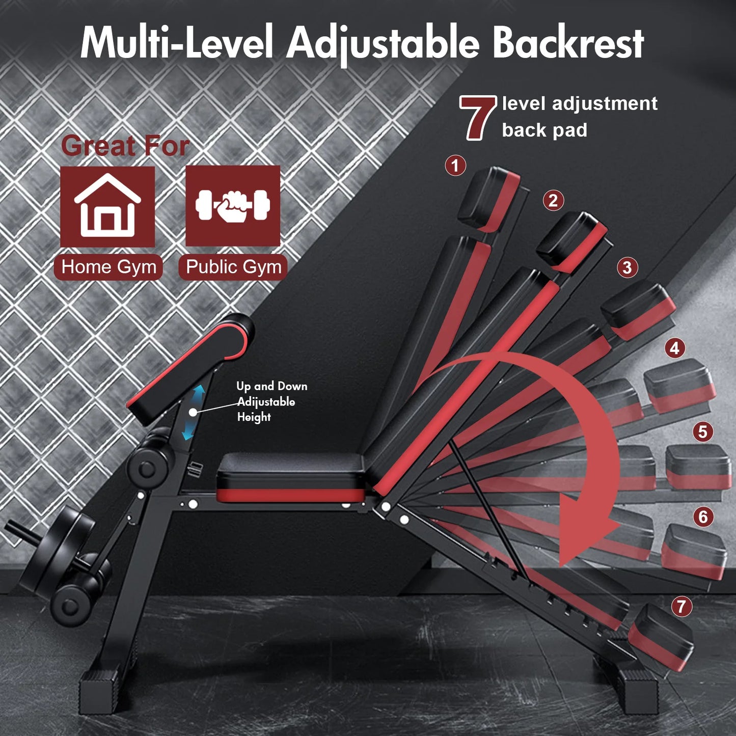 Foldable 7 Level Weight Bench With Adjustable Headrest For Full Body Strength