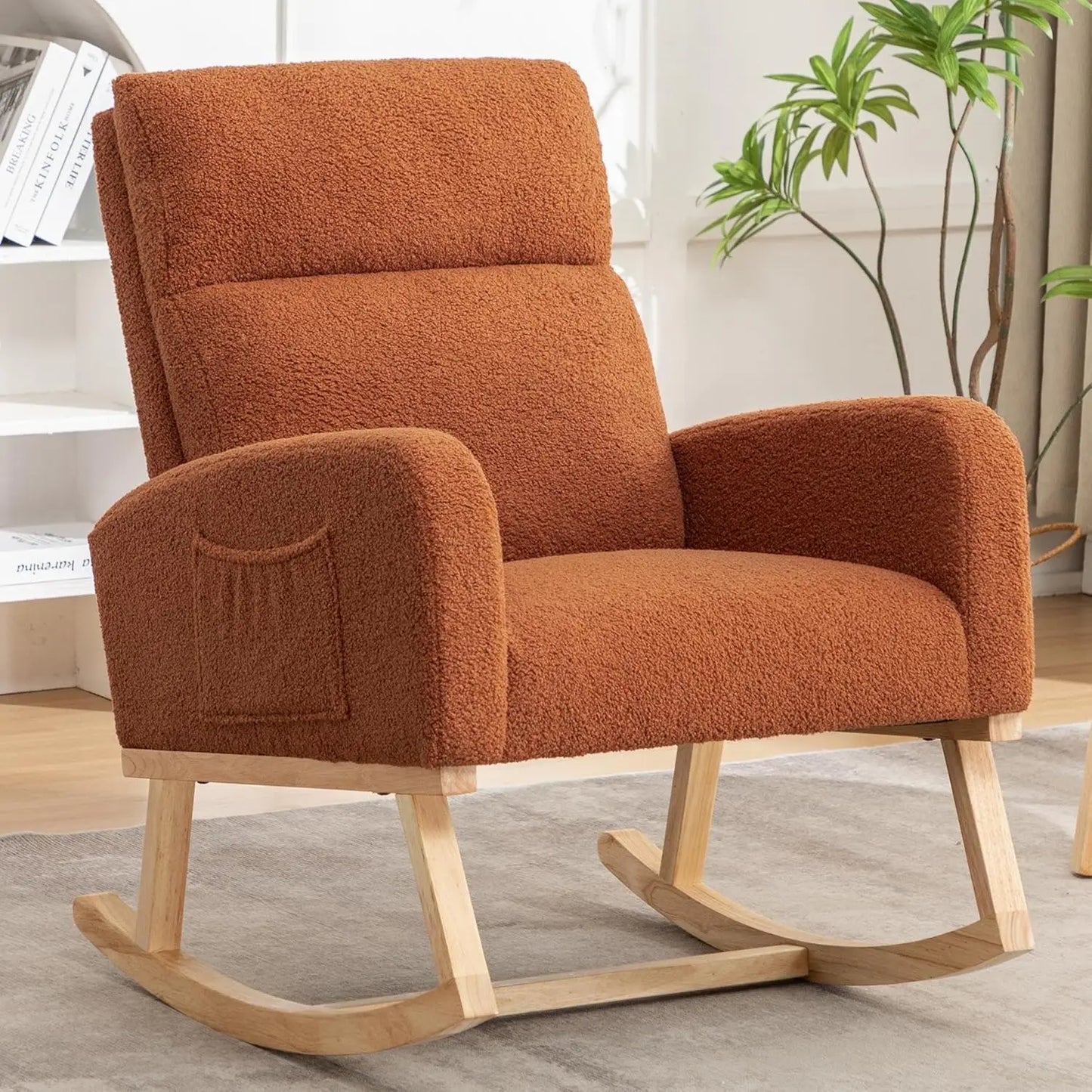 Nursery Sherpa Rocking Chair With High Backrest Upholstery