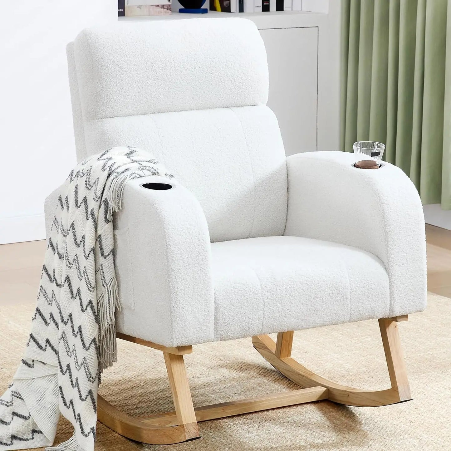Nursery Sherpa Rocking Chair With High Backrest Upholstery