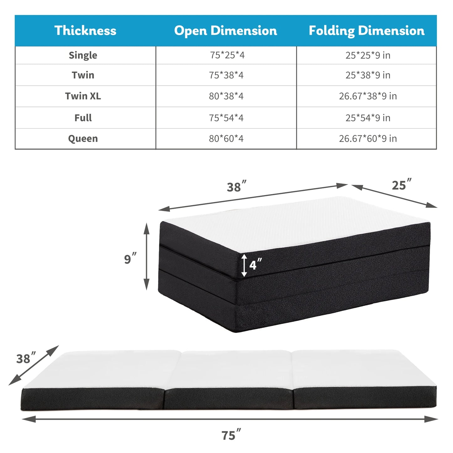 JHK Tri Fold Memory Foam Mattress With Certipur US Certification