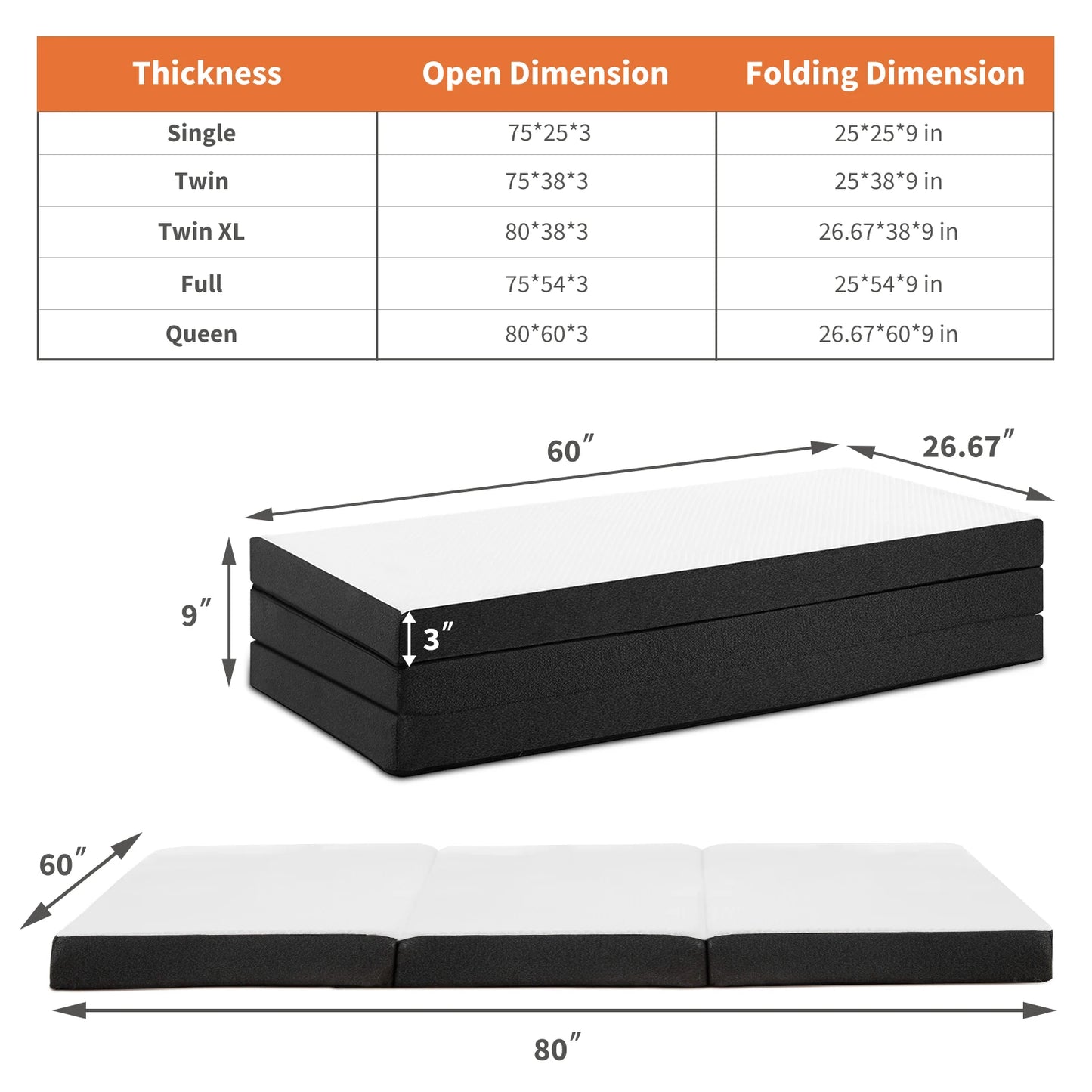 JHK Tri Fold Memory Foam Mattress With Certipur US Certification