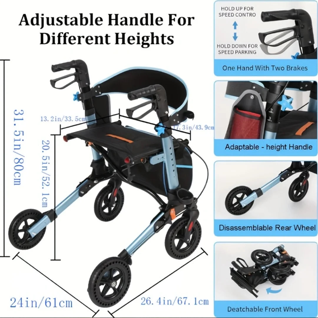Lightweight Foldable Rollator Walker With All Terrain Aluminum Frame