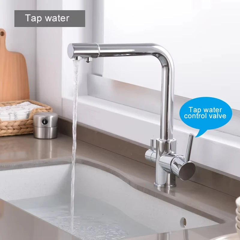 Chrome Kitchen Faucet With Double Swivel Spout Drinking Water Purifier
