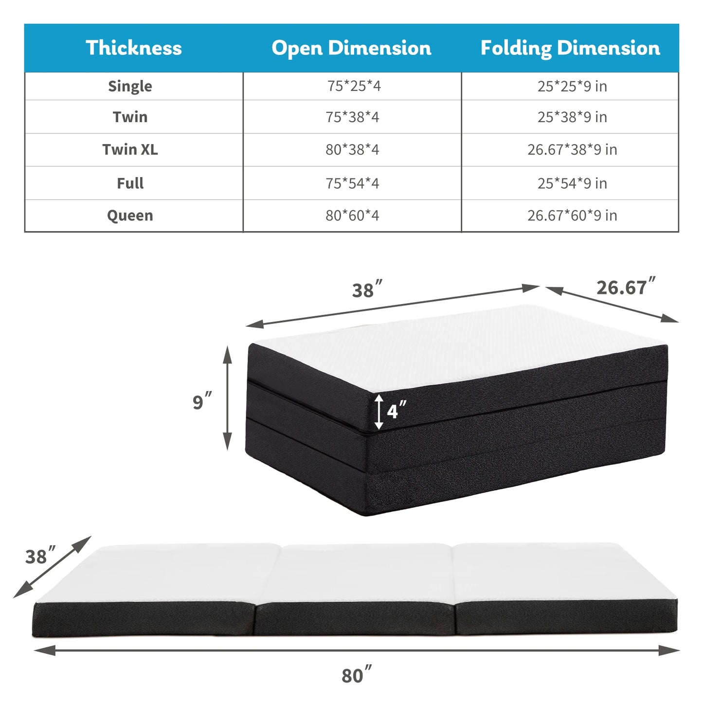 JHK Tri Fold Memory Foam Mattress With Certipur US Certification