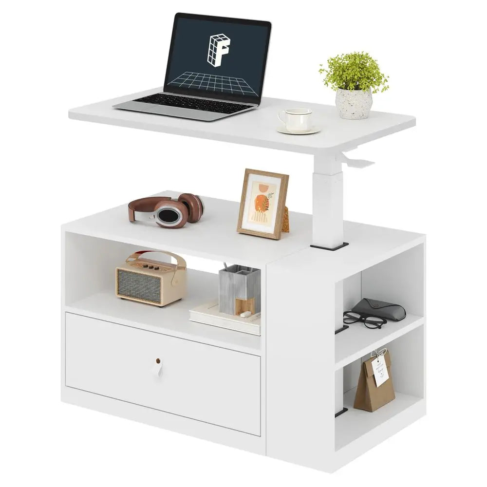 Height Adjustable Sit-Stand Computer Desk With Drawer And Cabinet Storage