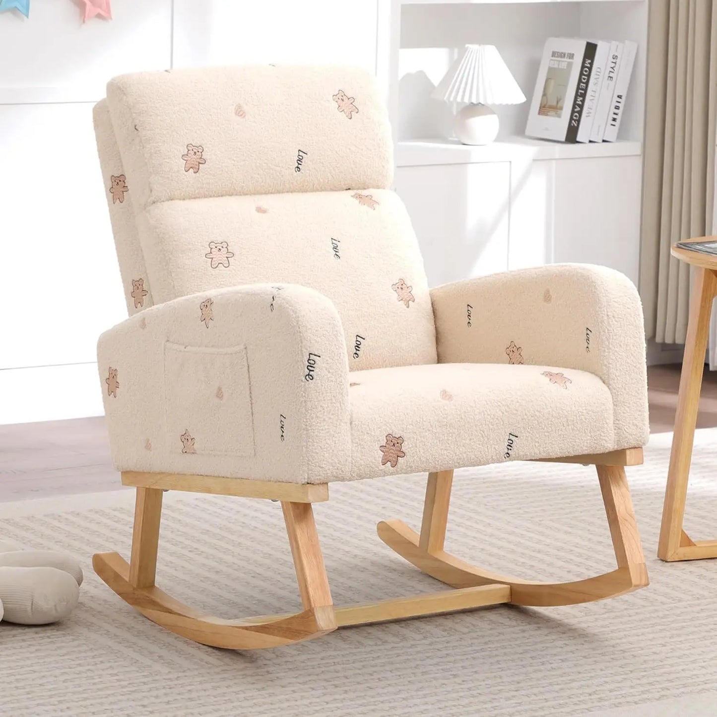 Nursery Sherpa Rocking Chair With High Backrest Upholstery