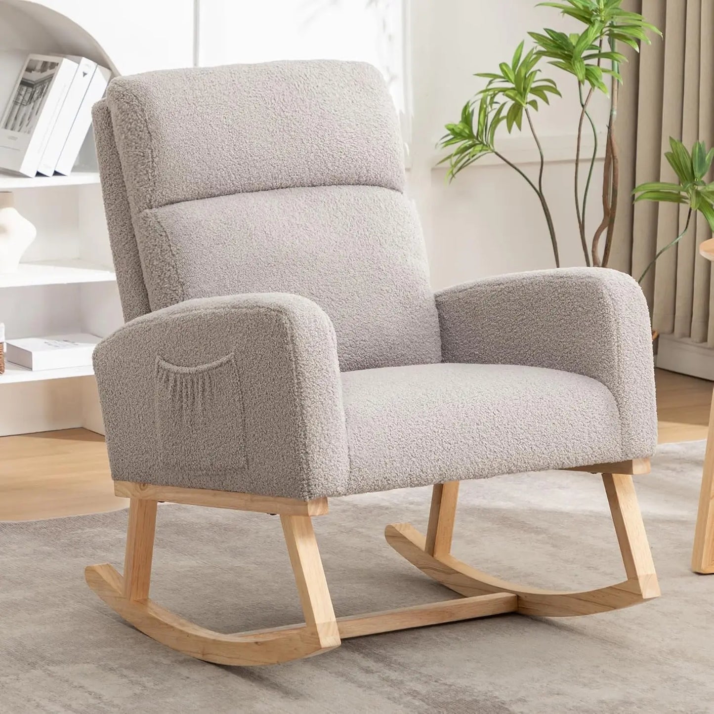 Nursery Sherpa Rocking Chair With High Backrest Upholstery