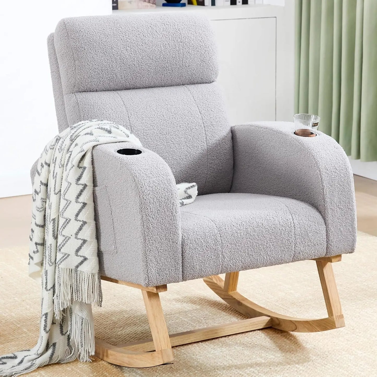 Nursery Sherpa Rocking Chair With High Backrest Upholstery