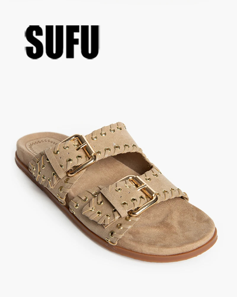 Vintage Belt Buckle Flat Slippers For Men Women Outdoor Leisure