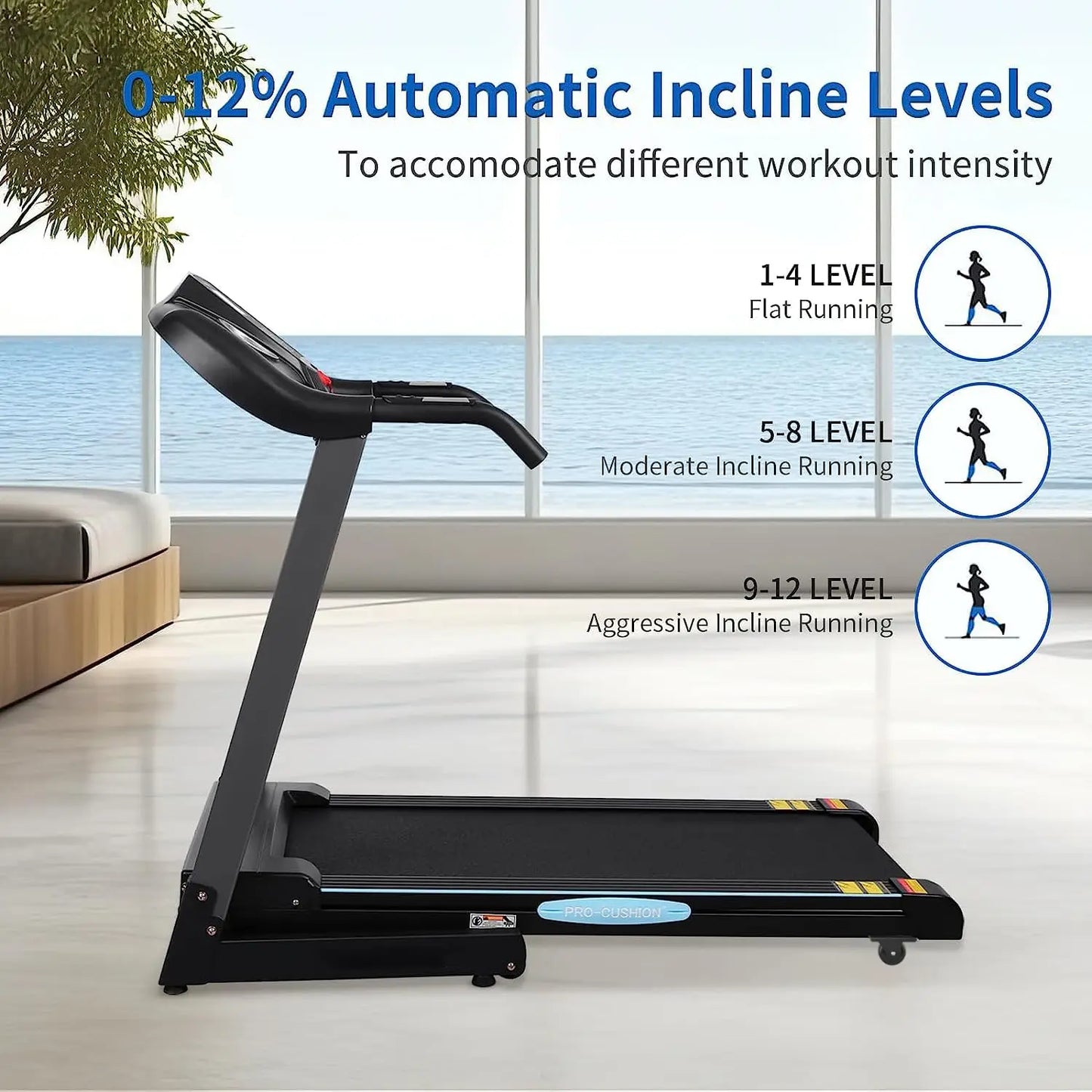 Auto Incline Folding Treadmill With 12 Percent Incline 2.5 HP