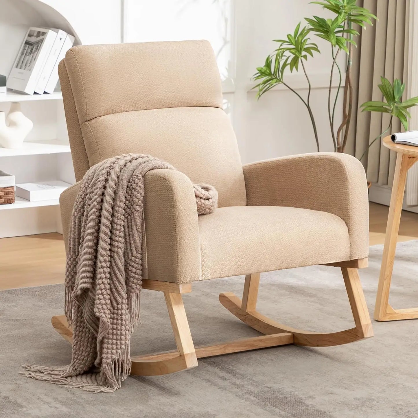 Nursery Sherpa Rocking Chair With High Backrest Upholstery