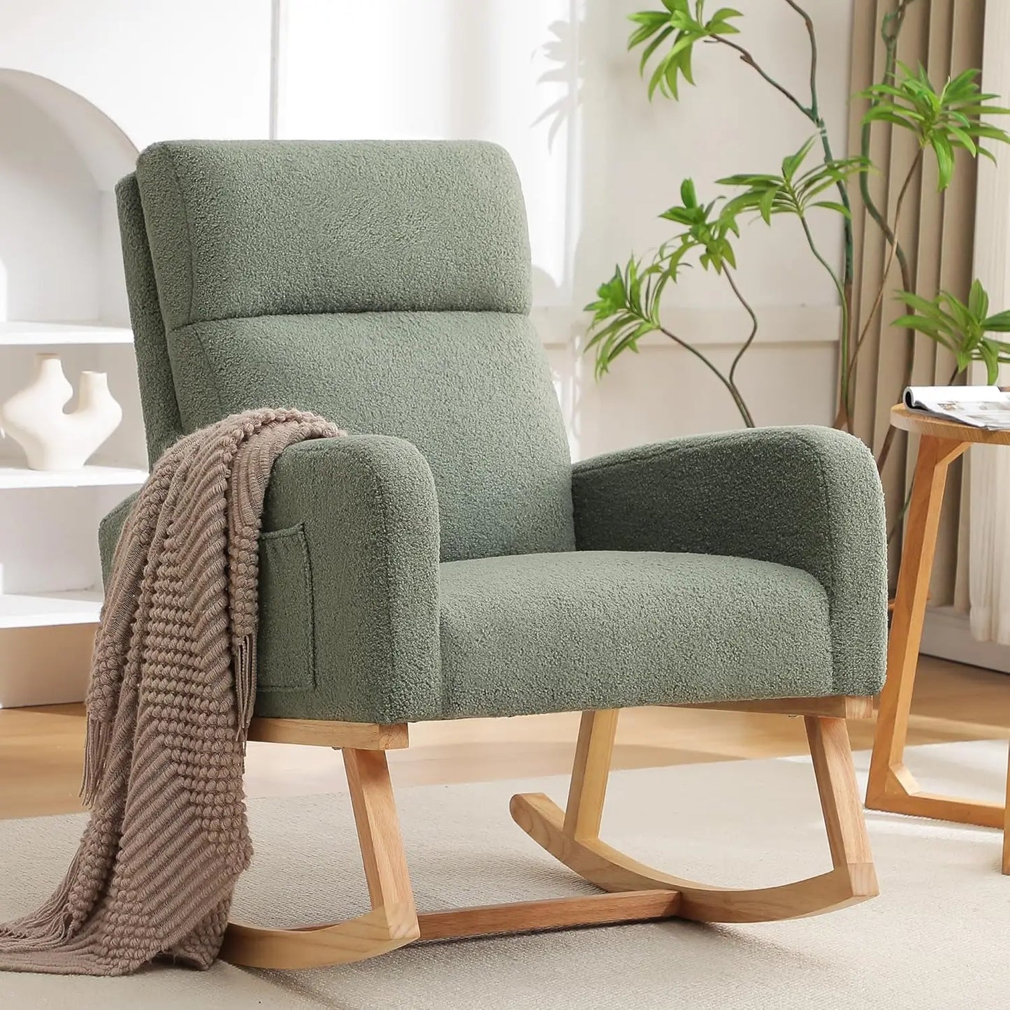 Nursery Sherpa Rocking Chair With High Backrest Upholstery