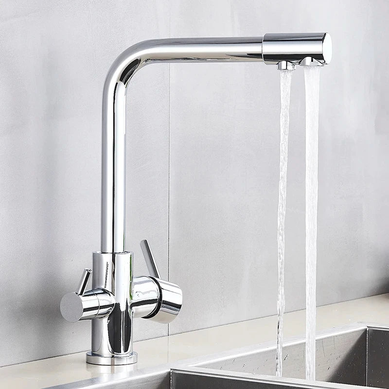 Chrome Kitchen Faucet With Double Swivel Spout Drinking Water Purifier