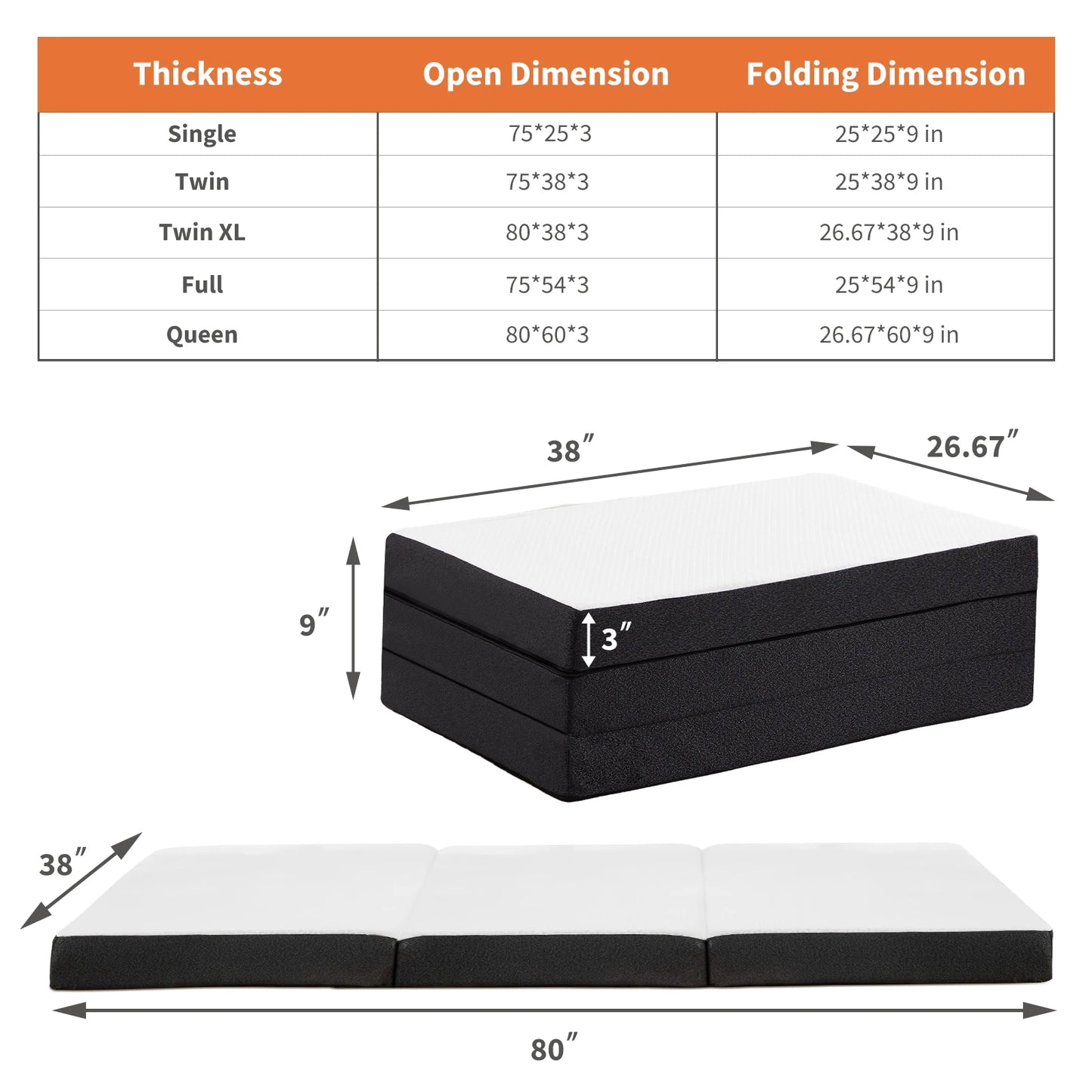 JHK Tri Fold Memory Foam Mattress With Certipur US Certification