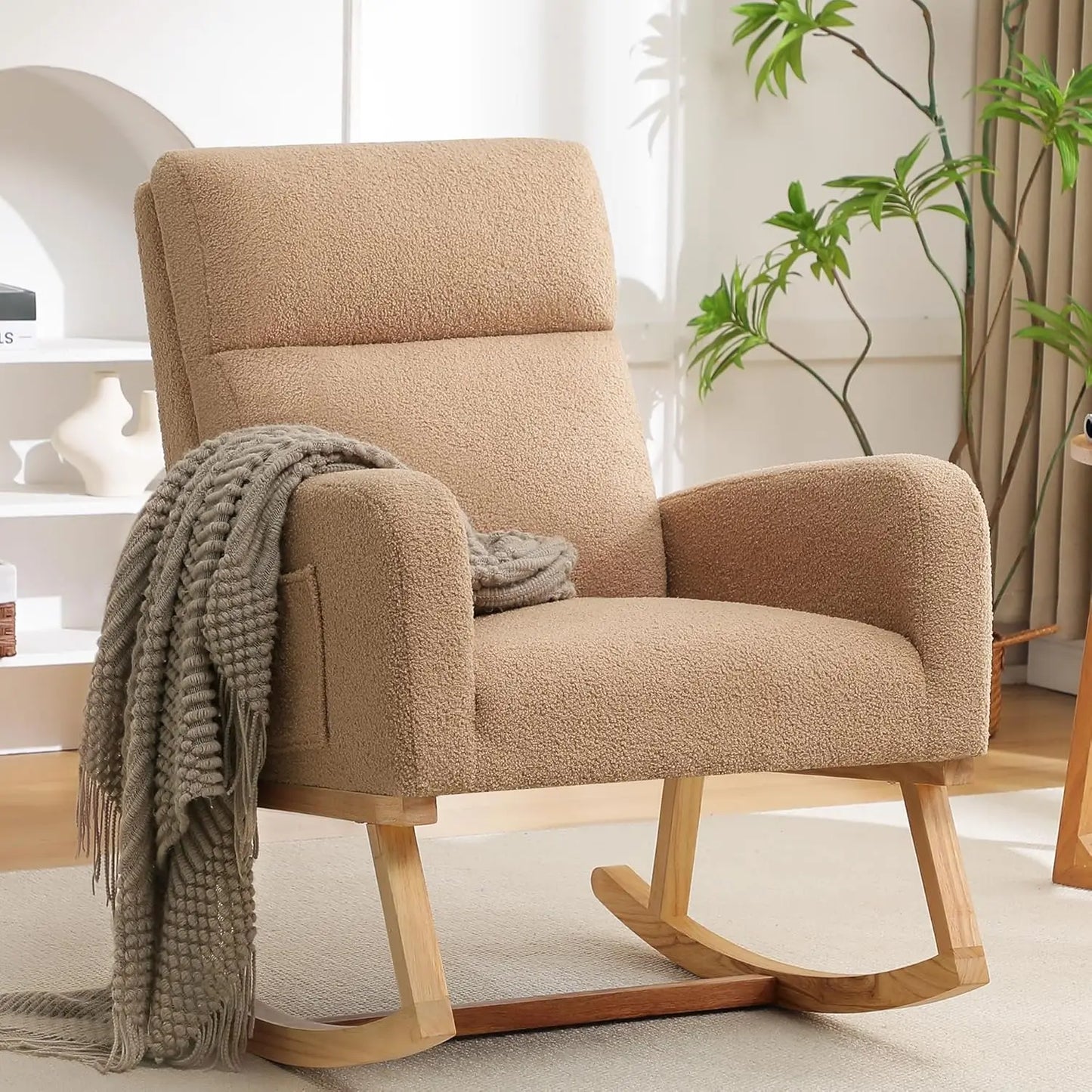 Nursery Sherpa Rocking Chair With High Backrest Upholstery