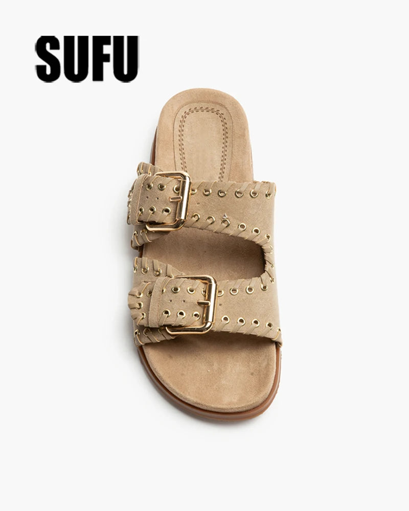 Vintage Belt Buckle Flat Slippers For Men Women Outdoor Leisure