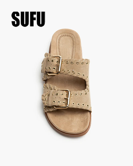 Vintage Belt Buckle Flat Slippers For Men Women Outdoor Leisure