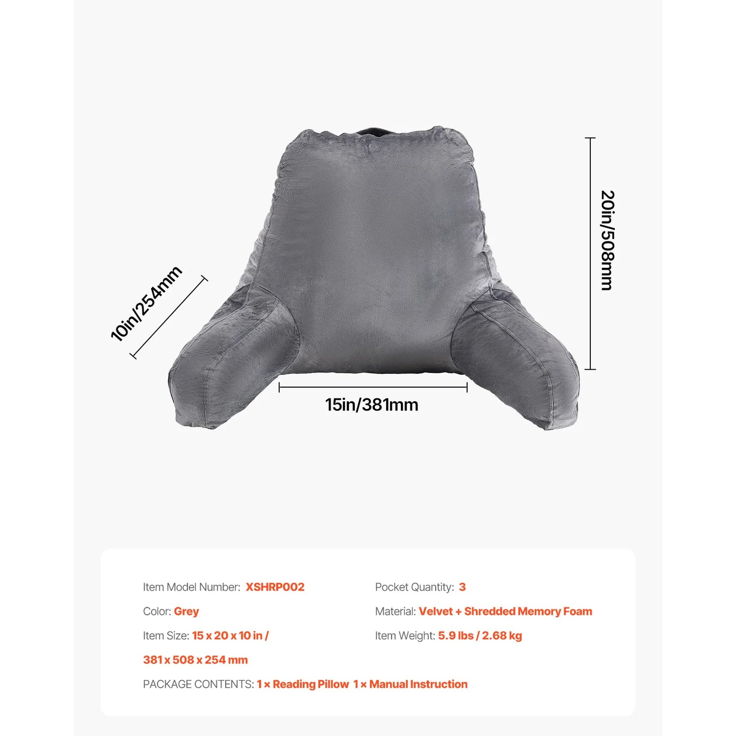 SucceBuy Reading Pillow With Shredded Memory Foam Back Support Pockets