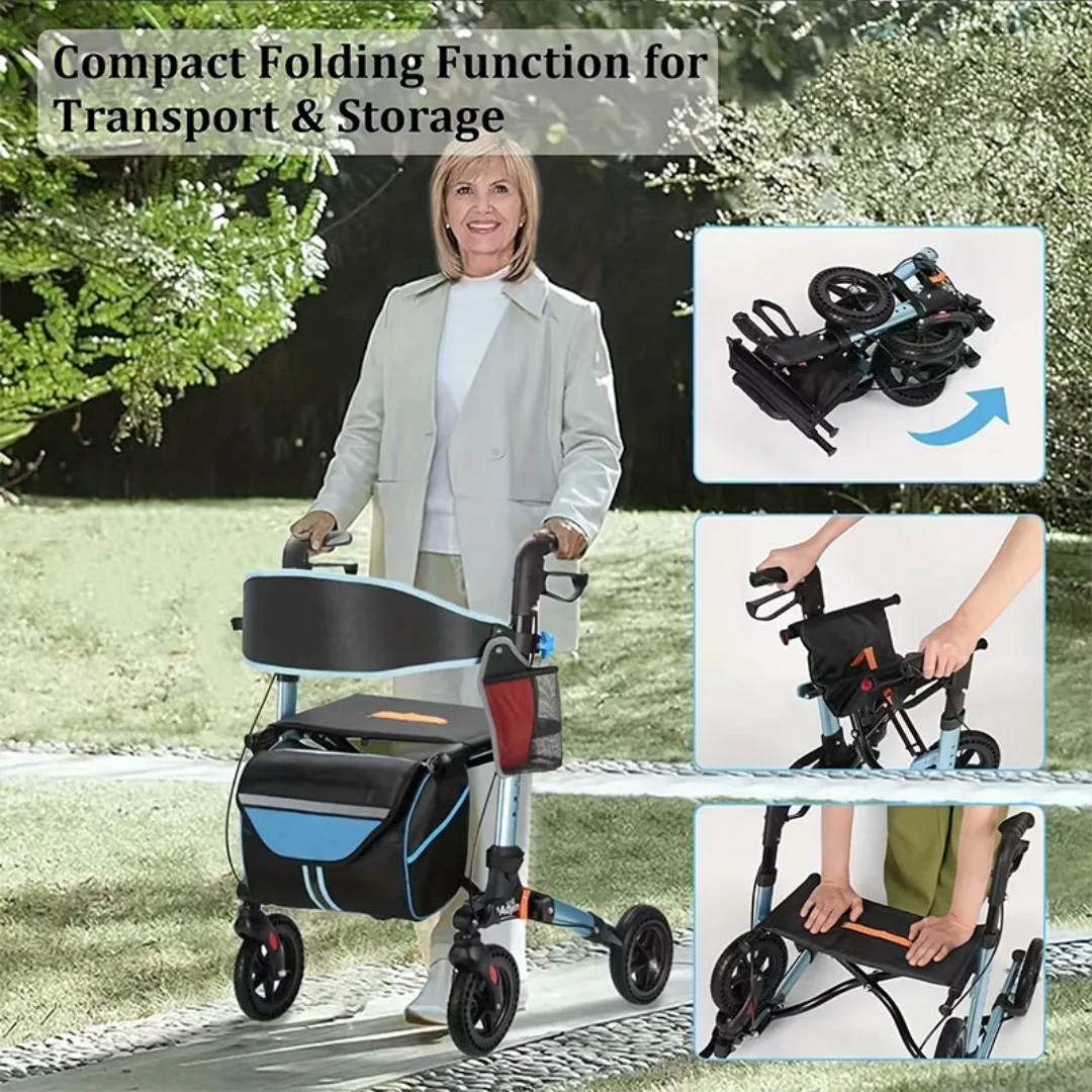 Lightweight Foldable Rollator Walker With All Terrain Aluminum Frame