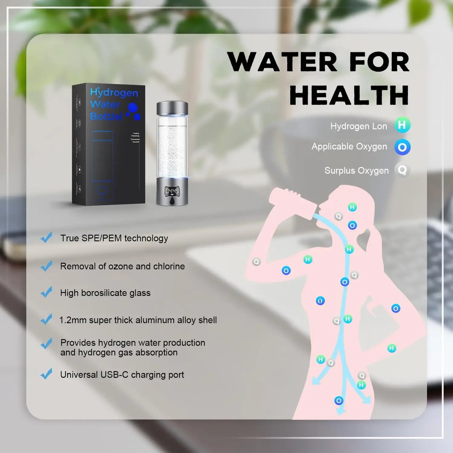 Hydrogen Water Bottle Generator 4th Generation SPE PEM Technology Portable