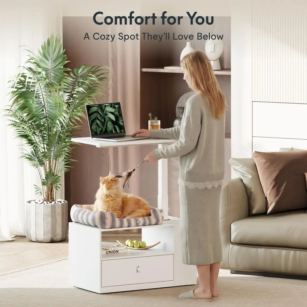 Height Adjustable Sit-Stand Computer Desk With Drawer And Cabinet Storage