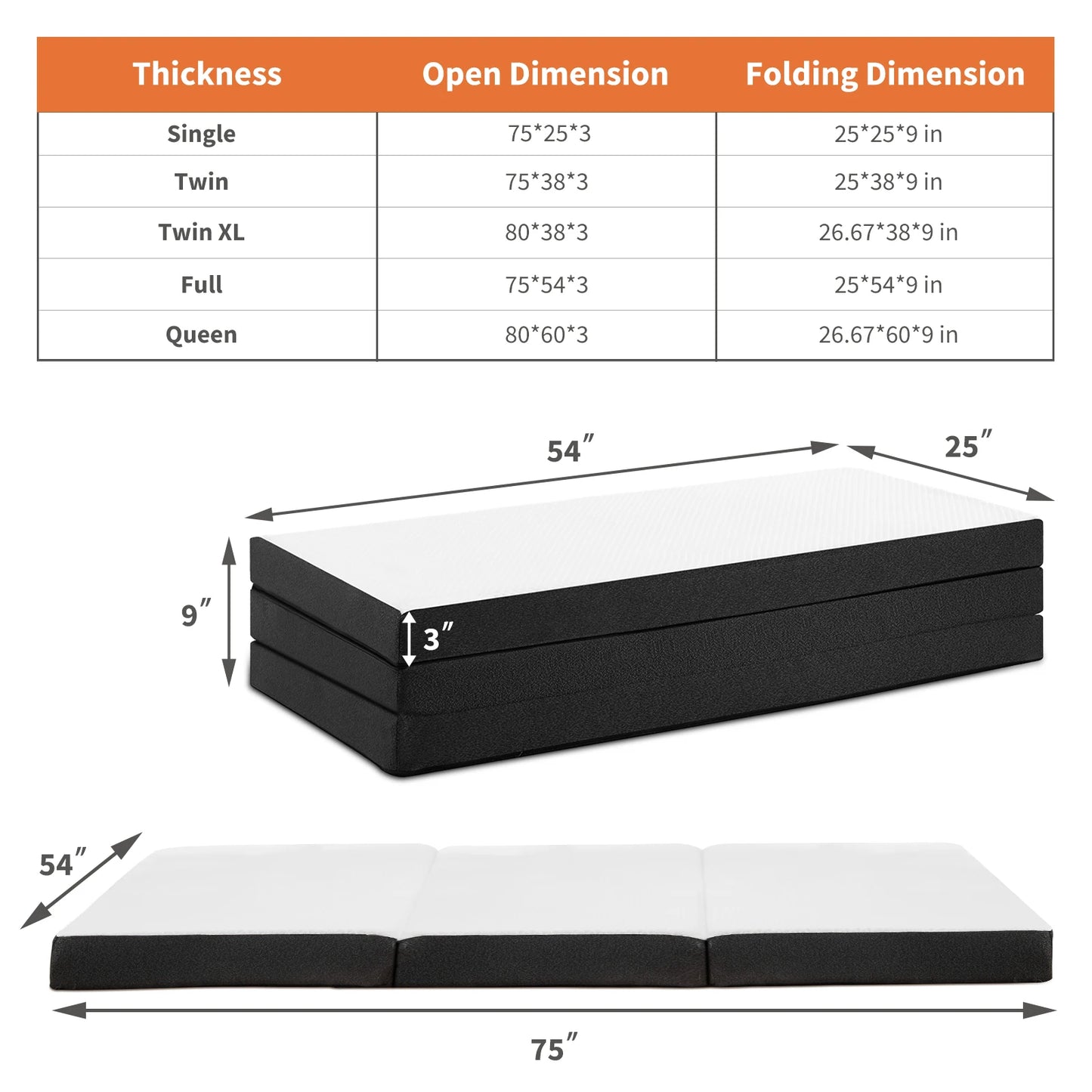 JHK Tri Fold Memory Foam Mattress With Certipur US Certification